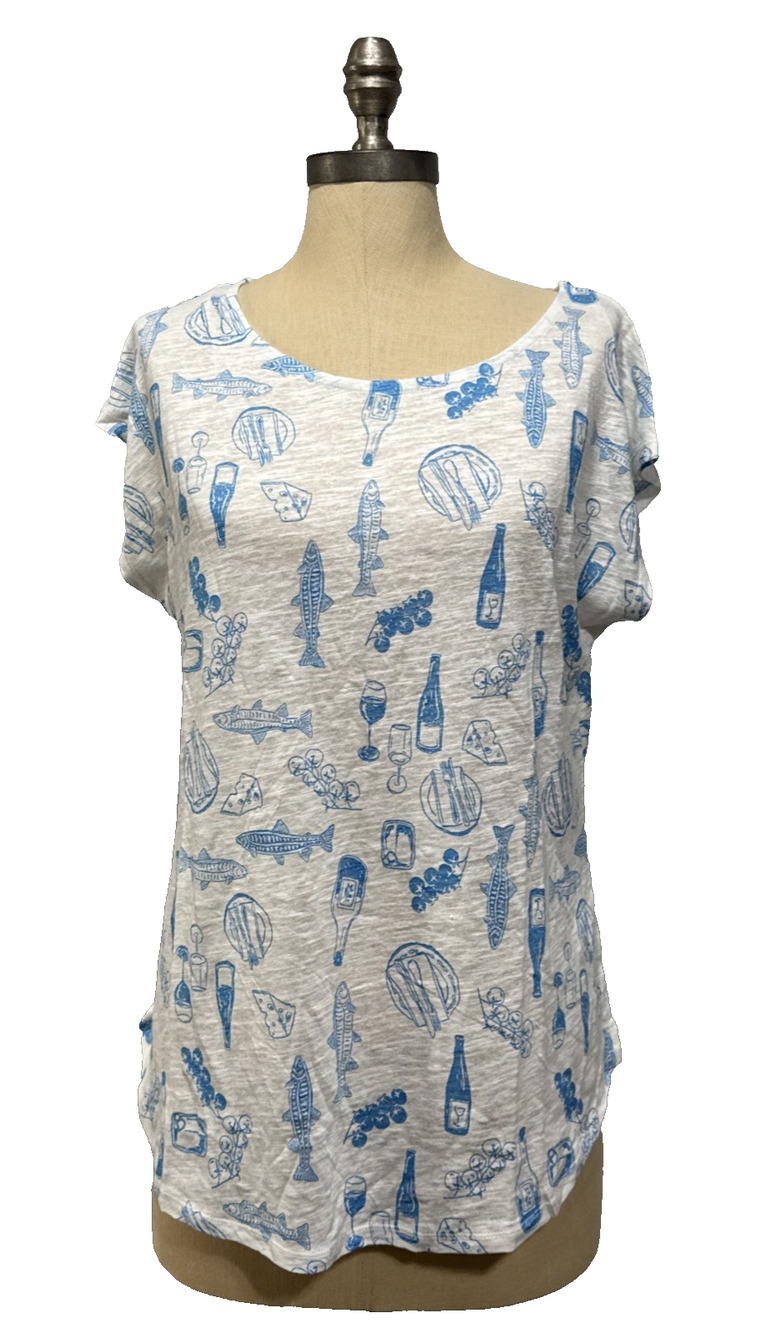 Cynthia Rowley Top Womans Large Linen Blend Shirtail Picnic Print Vacation Beach